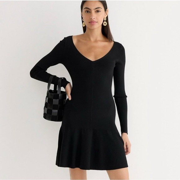 J.Crew Black Ruffle Hem Sweater Dress Long Sleeve Modern Minimalist Size M NWT - Picture 1 of 15